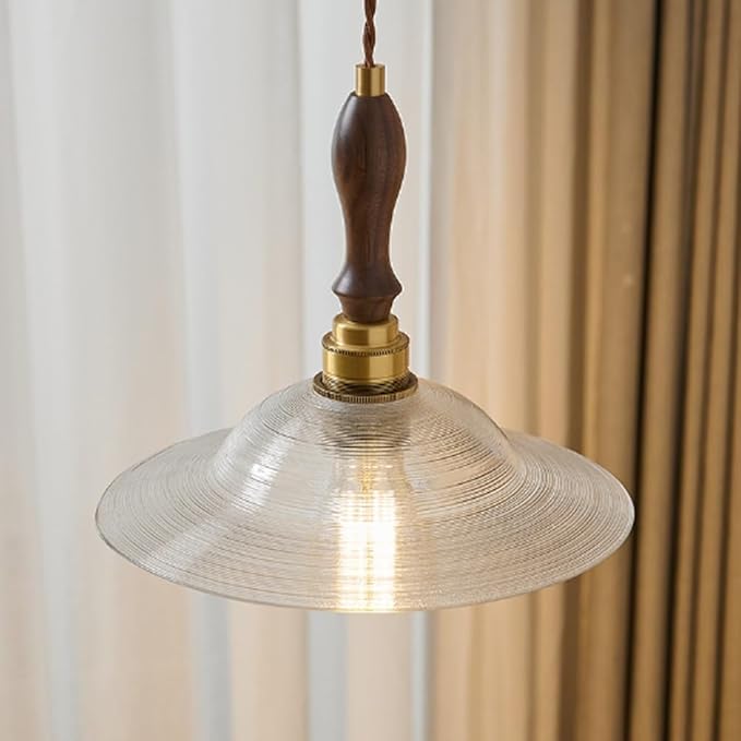 French Clear Disc Glass Hanging Lamp Vintage Wood Decorate Hanging Light 7.9in Golden Metal Base Hanging Lights with E26/E27 Base for Kitchen Home Island Bedroom