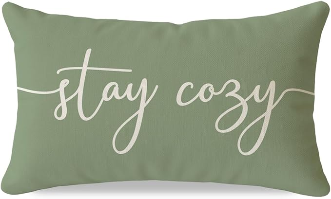 PANDICORN Stay Cozy Sage Green Pillow Cover 12x20 Inch, Lumbar Decorative Cushion Case for Sofa Couch or Bed, Rustic Farmhouse Home Decor for Living Room or Entryway Bench
