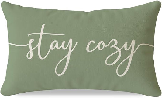 PANDICORN Stay Cozy Sage Green Pillow Cover 12x20 Inch, Lumbar Decorative Cushion Case for Sofa Couch or Bed, Rustic Farmhouse Home Decor for Living Room or Entryway Bench
