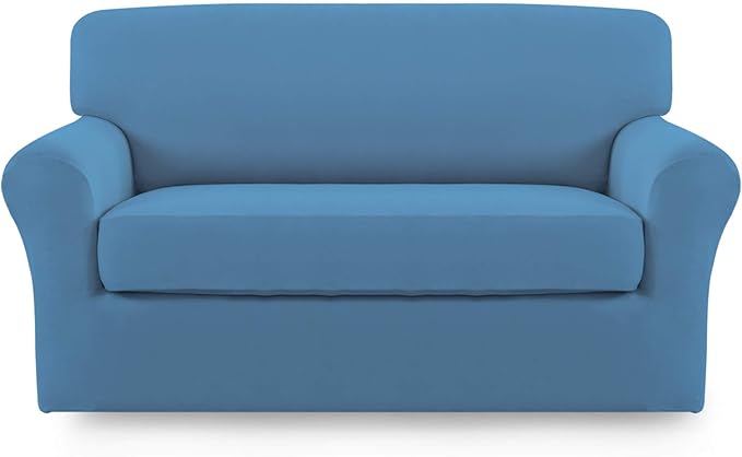 Easy-Going 2 Pieces Microfiber Stretch Sofa Slipcover – Spandex Soft Fitted Sofa Couch Cover, Washable Furniture Protector with Elastic Bottom Kids, Pet (Loveseat, Light Blue)