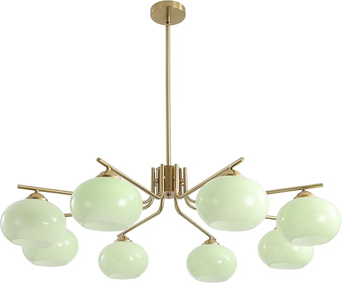 KCO Lighting 8 Lights Green Glass Chandelier Mid Century Modern Globe Chandelier Brass Gold Sputnik Chandelier Light Fixture Green Sputnik Ceiling Light for Dining Room Living Room