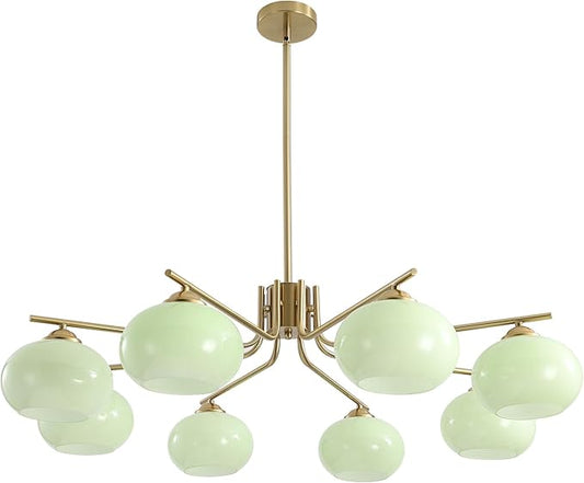 KCO Lighting 8 Lights Green Glass Chandelier Mid Century Modern Globe Chandelier Brass Gold Sputnik Chandelier Light Fixture Green Sputnik Ceiling Light for Dining Room Living Room
