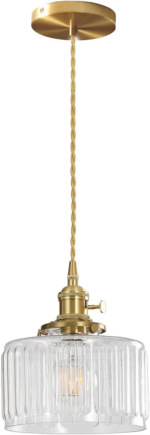 Vintage Pendant Light Fixtures, Brass Socket with ON/Off Switch and Green Glass Lamp Shade Pendant Light for Kitchen Island Farmhouse Living Room (Transparent,Striped)