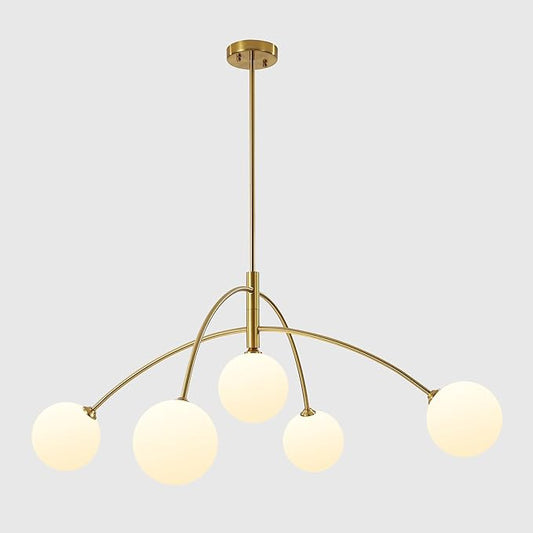 5-Light Gold Sputnik Chandelier for Dining Room Mid Century Modern Light Fixture with Milk Glass Globes, Adjustable Hanging Contemporary Pendant Lighting for Kitchen Bedroom Living Room