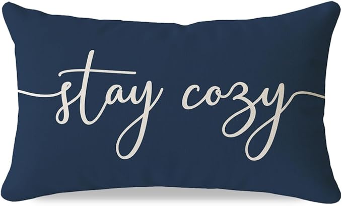 PANDICORN Navy Blue Pillow Cover 12x20 Inch, Stay Cozy Relax Farmhouse Lumbar Decorative Cushion Case for Couch Sofa Bed, Fall Winter Living Room or Porch Holiday Decorations