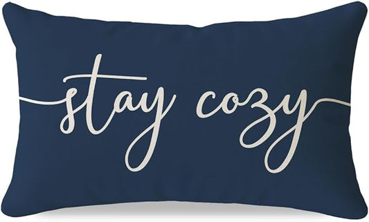 PANDICORN Navy Blue Pillow Cover 12x20 Inch, Stay Cozy Relax Farmhouse Lumbar Decorative Cushion Case for Couch Sofa Bed, Fall Winter Living Room or Porch Holiday Decorations