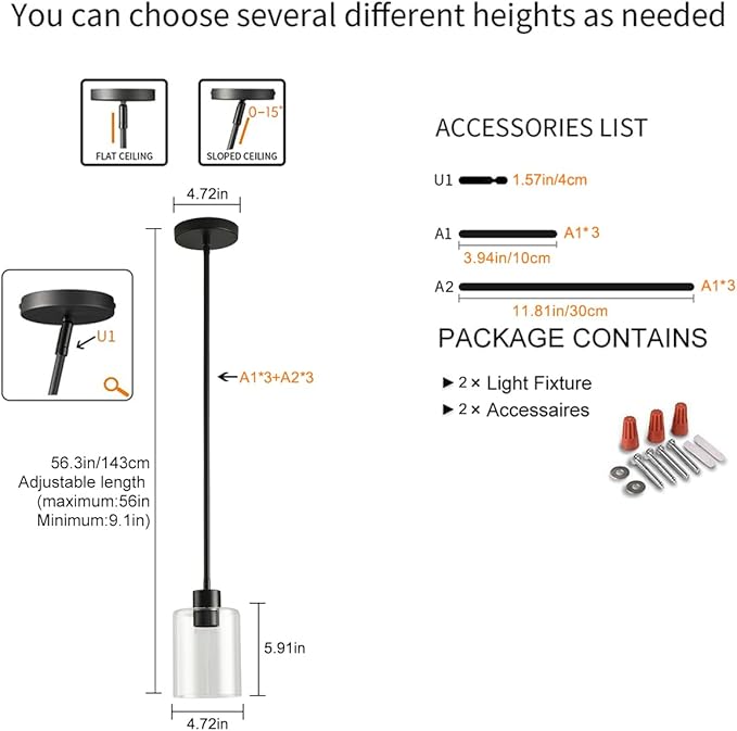 Black Pendant Lights Kitchen Island,Modern Farmhouse Glass Pendant Light,Light Fixture Kitchen Pendant Mini Hanging Light Fixture for Sink (Black 2 Pack Stem Rod)