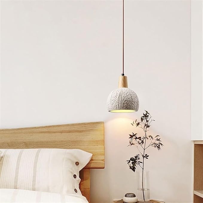 Cement Pendant Light Minimalist Industrial Hanging Lamp Wood Top Globe Pendant Fixtures for Bedroom Bedside Dining Room Kitchen Island Lighting