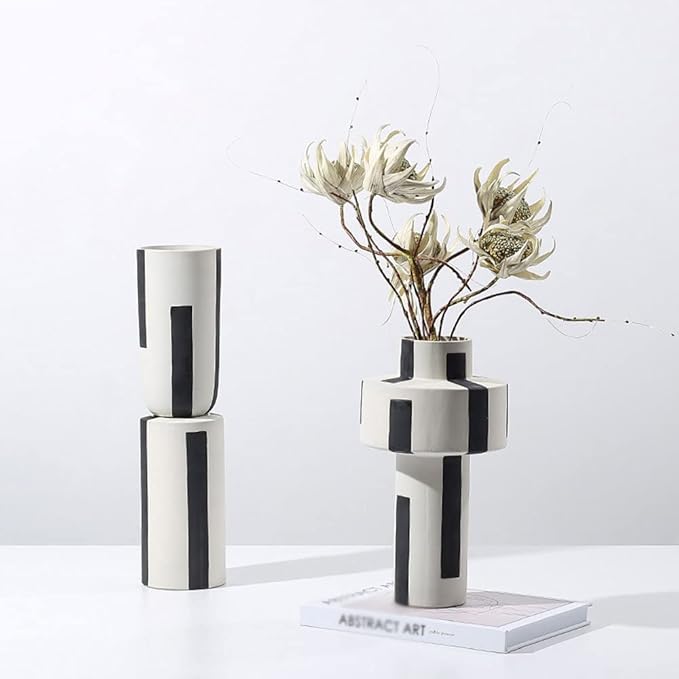 Minimalist Ceramic Vases Hand Painted Black and White Lines Creative Floral Vessels for Centerpieces, Kitchen, Office, Living Room, Wedding, Gifts, Perfect Home Decor Crafts