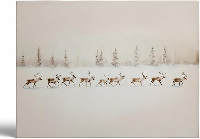 Vintage Reindeer Winter Landscape Print,Santa's Reindeer Walking in Snow Forest Canvas Print,Cozy Christmas Holiday Decor