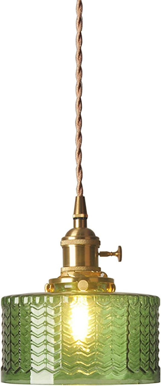 Vintage Pendant Light Fixtures, Brass Socket with ON/Off Switch and Green Glass Lamp Shade Pendant Light for Kitchen Island Farmhouse Living Room (Green,Scaly)