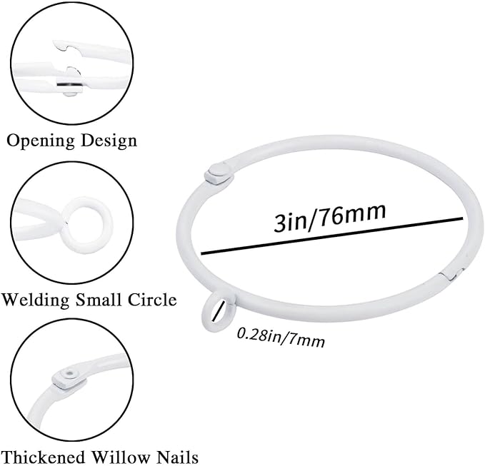 Openable Curtain Rings with Eyelet,24PCS White Curtain Rings,Drapes Rings 3 in Interior Diameter,Hinge Snap-Joint Design, Fits Curtain Rods Up to 2 Inches TXZWJZ