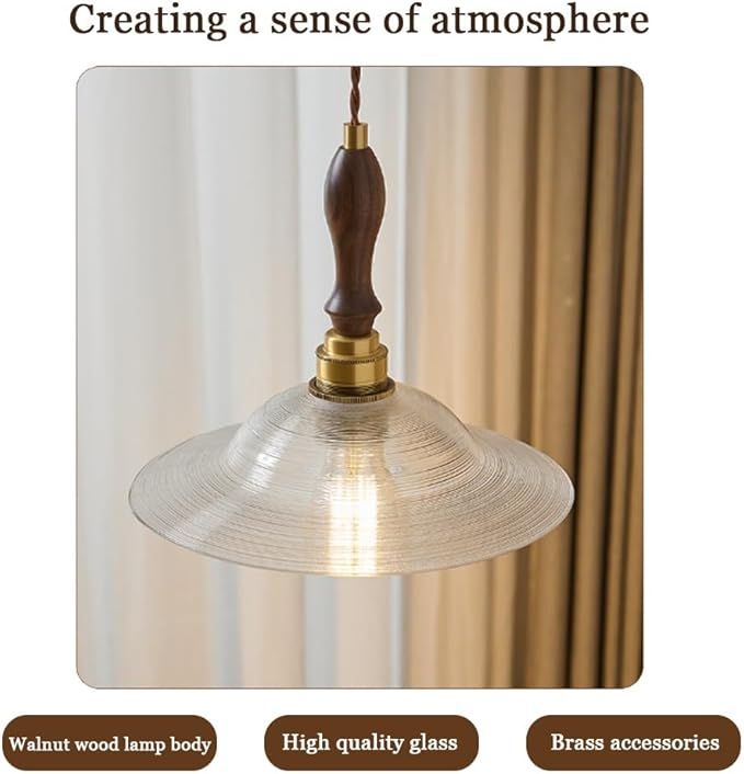 French Clear Disc Glass Hanging Lamp Vintage Wood Decorate Hanging Light 7.9in Golden Metal Base Hanging Lights with E26/E27 Base for Kitchen Home Island Bedroom