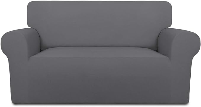 PureFit Super Stretch Sofa Slipcover – Spandex Non Slip Soft Couch Sofa Cover, Washable Furniture Protector with Non Skid Foam and Elastic Bottom for Kids, Pets （Loveseat, Gray ）