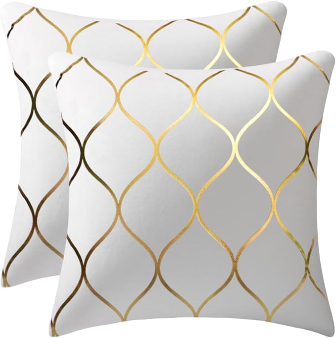 Gold Velvet Throw Pillow Covers Off White: 2 Pack 18x18 Inch Square Decorative Pillow Cases for Bedroom Sofa Couch Living Room