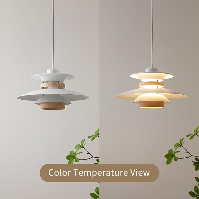 Modern Decor Adjustable Pendant Lamp Kitchen Island, Aluminum and Wood Finish,1-Light E26 Base Ceiling Hanging Light for Dining Room Shop Restaurant (White+Light Wood Grain, 35cm)