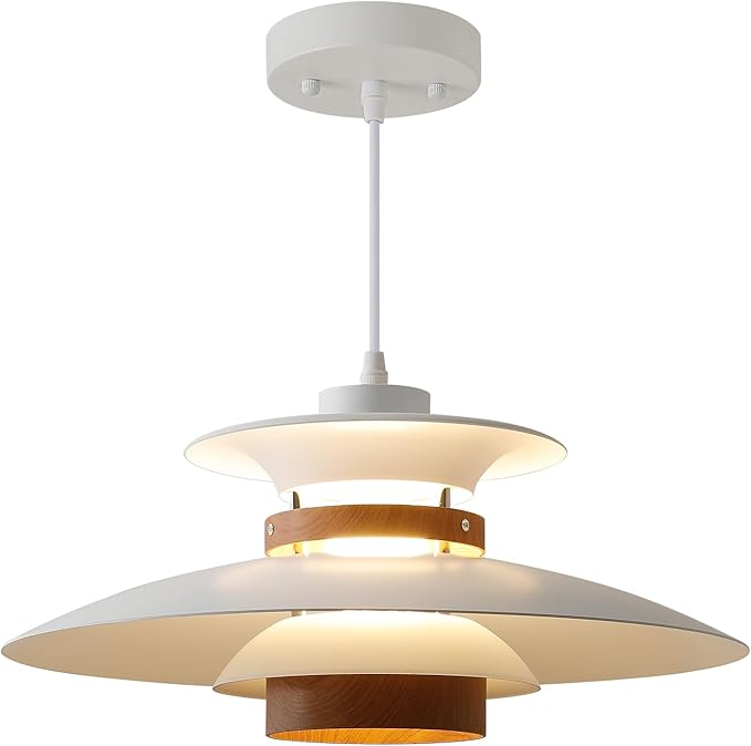 Modern Decor Adjustable Pendant Lamp Kitchen Island, Aluminum and Wood Finish,1-Light E26 Base Ceiling Hanging Light for Dining Room Shop Restaurant (White+Dark Wood Grain, 40cm)