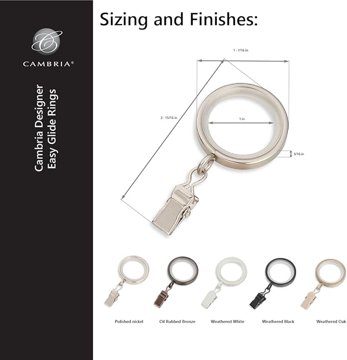 MODE Cambria Designer Series - Premium Easy Glide 18 Count Small Curtain Rings - Metal with Nylon Inserts and Clips - 1 inch Inner Diameter - use for rods 5/8" or Smaller - Weathered Oak