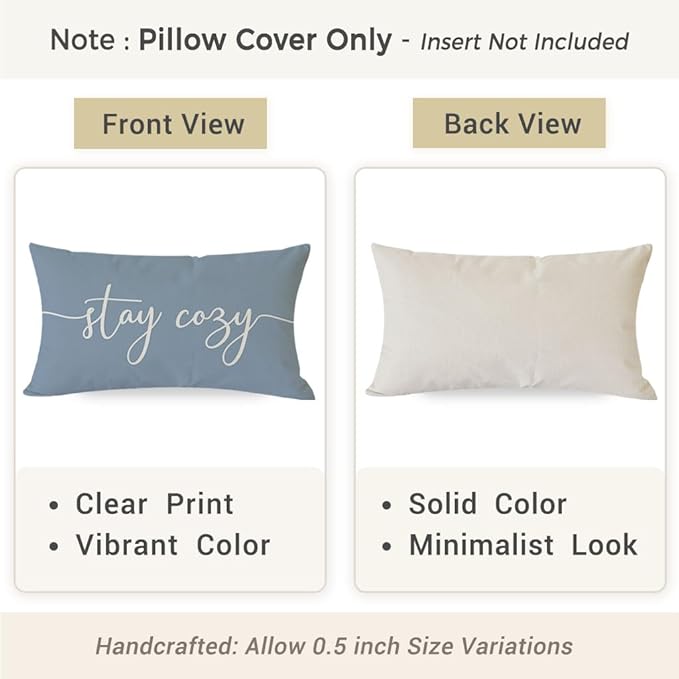 PANDICORN Dusty Blue Throw Pillow Cover 12x20 Inch, Stay Cozy Decorative Lumbar Cushion Case for Couch Sofa Bed, Neutral Farmhouse Living Room or Bedroom Home Decor
