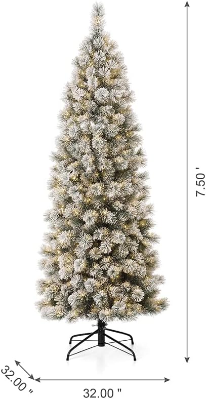 Glitzhome 7.5ft Prelit Christmas Tree, Artificial Christmas Tree with 350 Warm White Lights, Flocked Pencil Christmas Tree and Foldable Metal Stand for Home, Office, Party Decoration, Easy Assembly