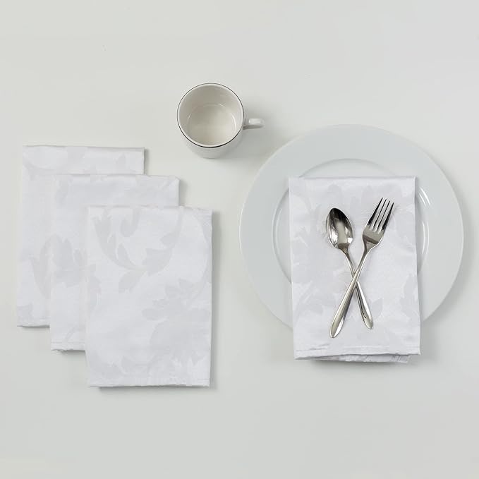 Benson Mills Harmony Scroll Woven Damask Fabric Set of 4 Napkins, Everyday, Parties, Special Occasions, Weddings and Holiday Cloth Napkin (18" x 18" Napkins, White)