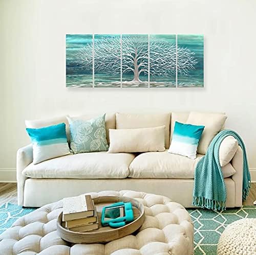 RICHSPACE ARTS Blue Green Metal Wall Art Silver Tree of Life 3d Artwork Extra Large Teal Sculpture Decor on Aluminum for Bedroom Living Room Kitchen Room Dining Room Walls Set of 5 Panels