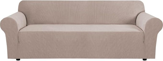 H.VERSAILTEX Stretch Couch Covers for Sofa 1 Piece Slipcovers for Couches and Sofas 3 Seater Couch Cover Feature Thick Checked Jacquard Fabric with Elastic Bottom(Large Sofa 90"-100" Wide, Sand)