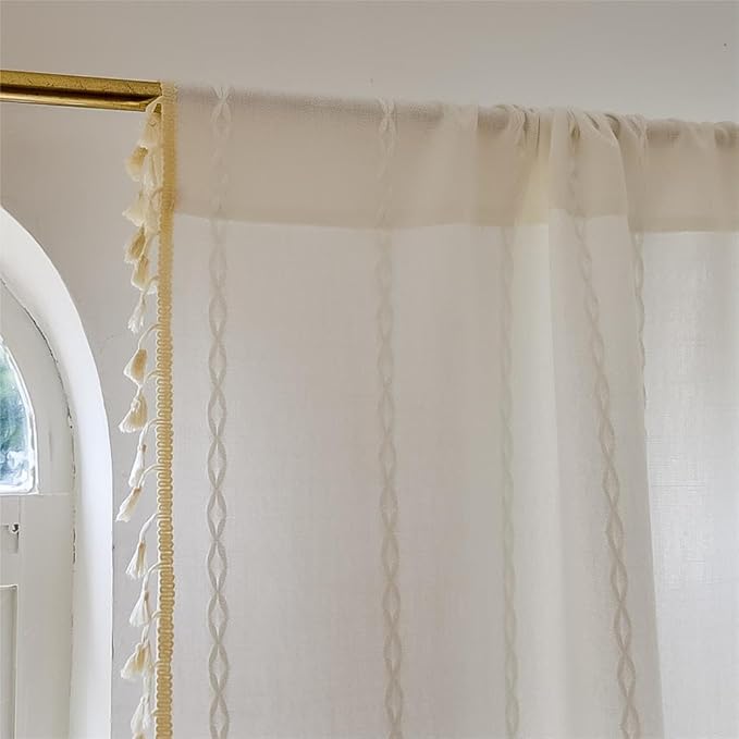 Sutuo Home White Boho Valance Curtains Tier 36 inches for Kitchen Cafe Closet, Short Farmhouse Vintage Tassels Window Treatment Bohemian Stripe Embroidery Drape Rod Pocket 1 Panel 52" W x 36" L