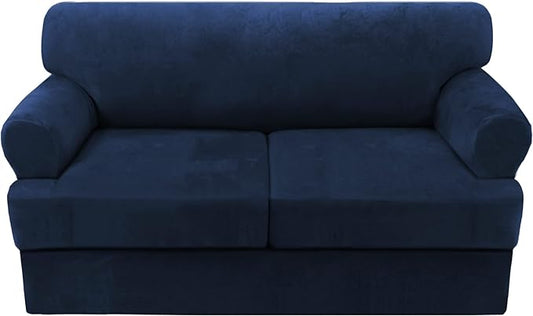 H.VERSAILTEX Sofa Cover 3 Piece T Cushion Loveseat Slipcovers Thick Velvet Couch Cover Furniture Protector Stretch T Cushion Sofa Covers for 2 Cushion Couch with 2 Individual T Cushion Covers, Navy