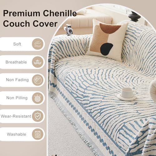 ROOMLIFE Thicked Striped Couch Cover with Tassel Blue Chenille Sofa Cover Blanket for Sectional Sofa, Soft Sofa Slipcovers for L Shaped Love Seat 2-3 Cushion Couch Anti Slip Sofa Protector, 71"x118"