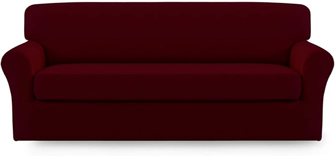 Easy-Going 2 Pieces Microfiber Stretch Sofa Slipcover – Spandex Soft Fitted Sofa Couch Cover, Washable Furniture Protector with Elastic Bottom Kids,Pet (Oversized Sofa, Wine