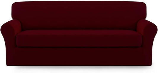 Easy-Going 2 Pieces Microfiber Stretch Sofa Slipcover – Spandex Soft Fitted Sofa Couch Cover, Washable Furniture Protector with Elastic Bottom Kids,Pet (Oversized Sofa, Wine