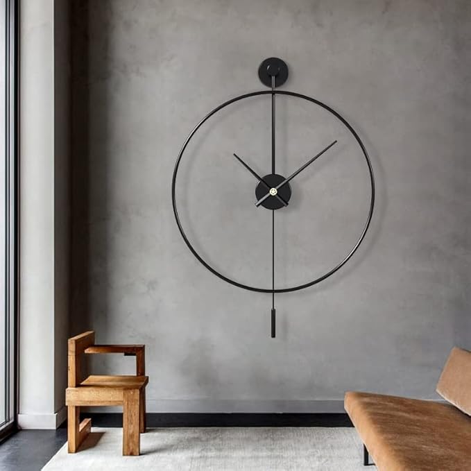 SHISEDECO Classical Large Modern Round Minimalist Wall Clock with Swing Pendulum, Non-Ticking Silent Metal Decorative Creative Art Clocks for Home, Living Room, Bedroom, Study, Office (24", Black)