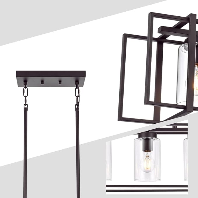 Oil Rubbed Bronze Kitchen Island Light Industrial Adjustable Pendant Lighting Open Rectangular Frame Design, 5-Light Vintage Fixture with Transparent Glass Shades