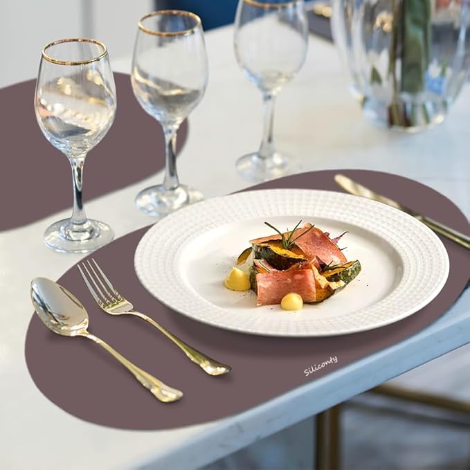 Silicone Placemats, Oval Placemats Set of 4. Heat-Resistant and Easy to Clean Siliconty Mats, Non-Slip Silicone Placemats for Table Protection. (4, Cameo Brown)
