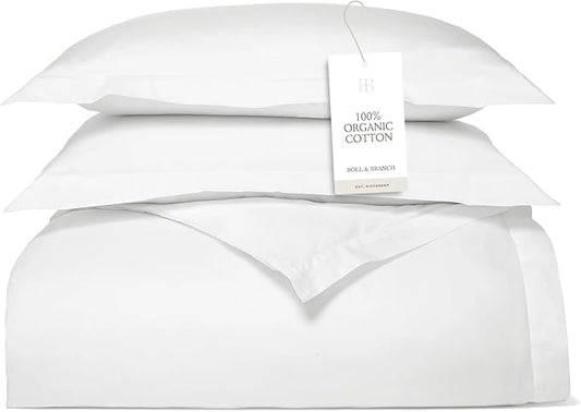 BOLL & BRANCH Signature Hemmed Duvet Set - King/Cal King, White - Luxury 100% Organic Cotton - 1 Duvet Cover, 2 Shams - Buttery Soft, Hidden Closures