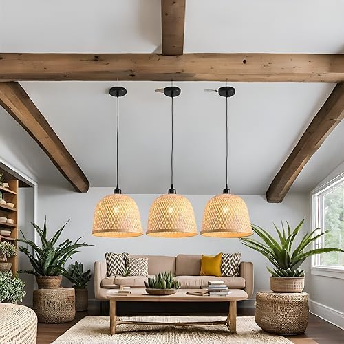 Bamboo Pendant Light 11.02" Hand Woven Bamboo Chandelier,3-Pack Rattan Ceiling Hanging Light,for Living Room Kitchen Dining Room Farmhouse