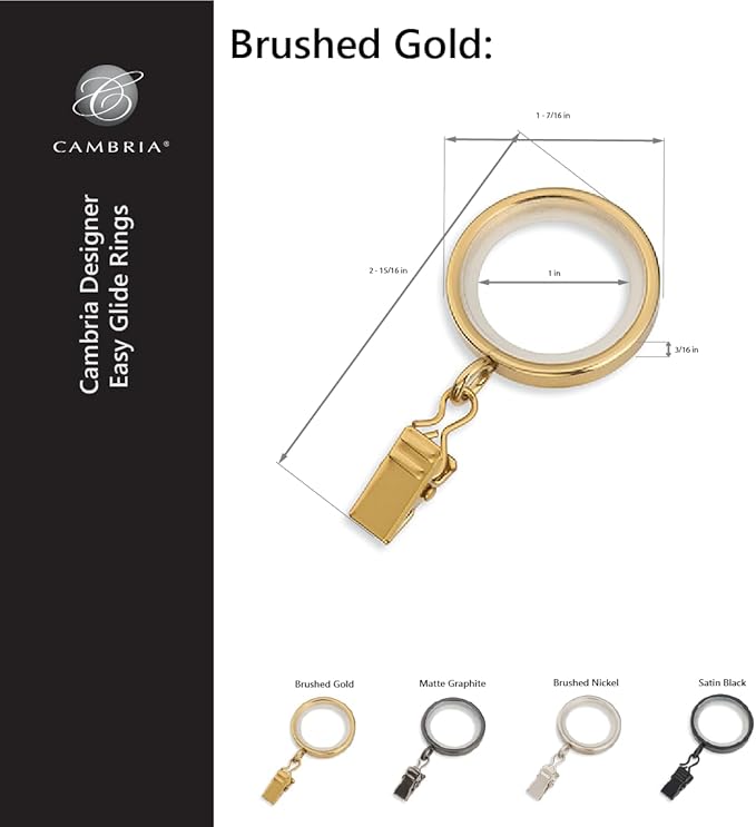 MODE Cambria Designer Series - Premium Easy Glide 18 Count Small Curtain Rings - Metal with Nylon Inserts and Clips - 1 inch Inner Diameter - use for rods 5/8" or Smaller - Brushed Gold