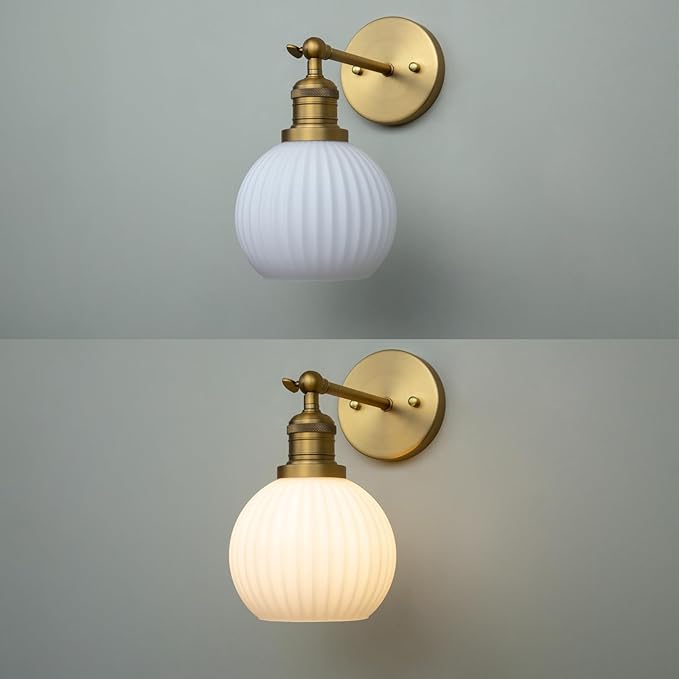 PERMO Vintage Wall Sconce Bedroom Sconce Globe Vanity Wall Light Milk White Glass Shade Wall Light Lamp Fixture (Antique Gold)