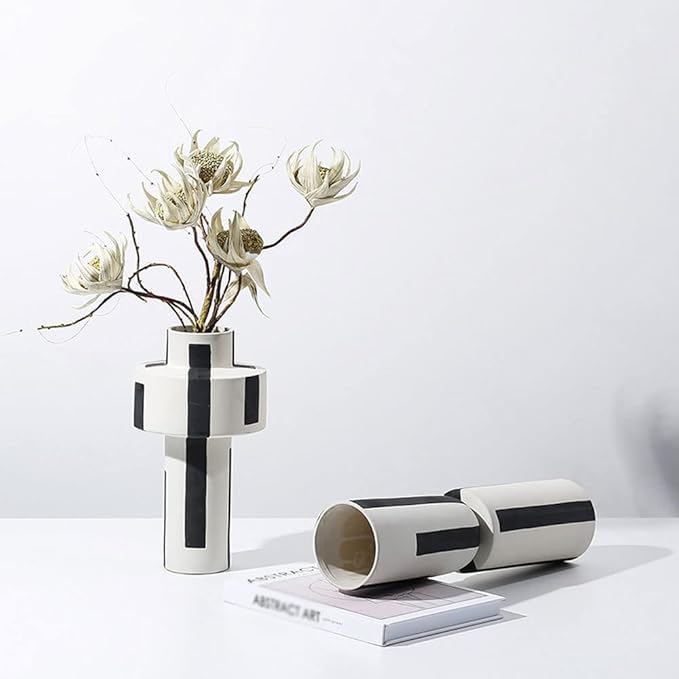 Minimalist Ceramic Vases Hand Painted Black and White Lines Creative Floral Vessels for Centerpieces, Kitchen, Office, Living Room, Wedding, Gifts, Perfect Home Decor Crafts