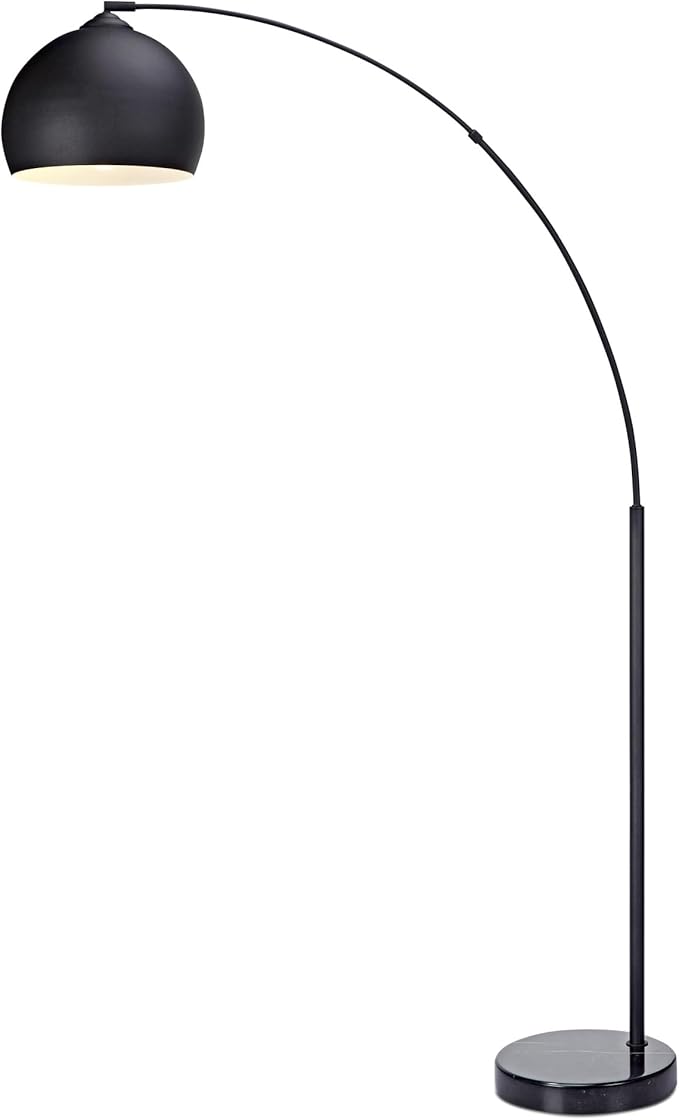 Teamson Home Arquer 66.93" Arc Floor Lamp for Living Rooms, Home Offices, Dining Rooms, Bedrooms with Faux Black Marble Base and Black Bell Shade