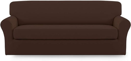 Easy-Going 2 Pieces Microfiber Stretch Sofa Slipcover – Spandex Soft Fitted Sofa Couch Cover, Washable Furniture Protector with Elastic Bottom Kids,Pet (Sofa, Coffee)