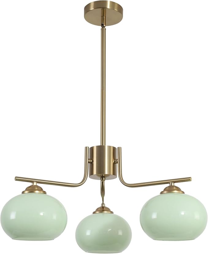KCO Lighting Vintage Green Glass Chandelier 3 Light Globe Sputnik Chandeliers Modern Brushed Gold Chandelier Mid Century Flush Mount Chandelier Light Fixture