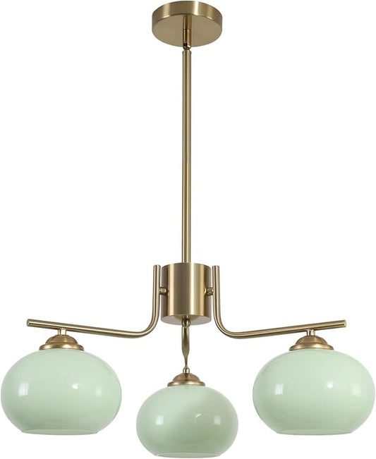 KCO Lighting Vintage Green Glass Chandelier 3 Light Globe Sputnik Chandeliers Modern Brushed Gold Chandelier Mid Century Flush Mount Chandelier Light Fixture
