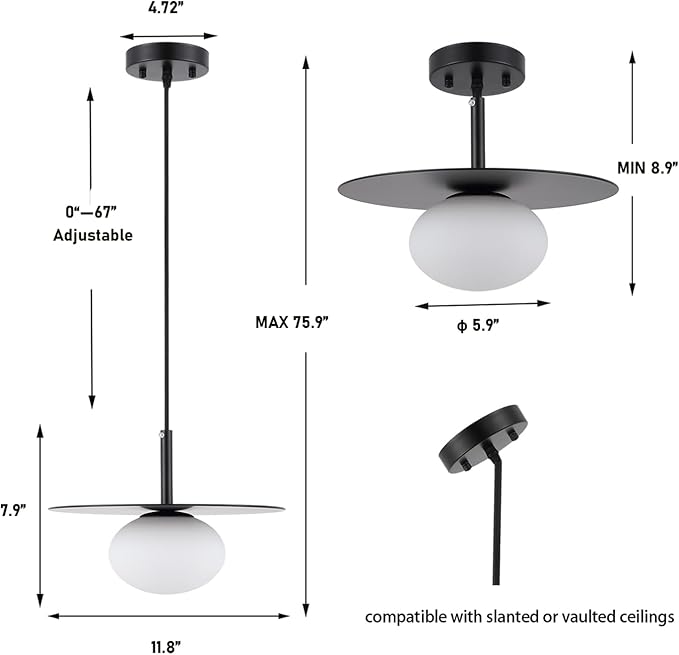 Modern Globe Pendant Lighting Milky White Glass Shade Matte Black Farmhouse Pendant Light 11.81" Dome Industrial Mid Century Hanging Ceiling Light Fixture Kitchen Island Dinning Room Bedroom