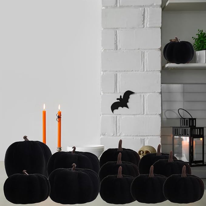 12 Pcs Autumn Artificial Velvet Pumpkins Set Halloween Faux Kitchen Cloth Fall Harvest Foam Farmhouse Porch Table Wedding Decorative Black
