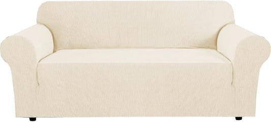 H.VERSAILTEX Stretch Couch Covers for Sofa 1 Piece Slipcovers for Couches and Sofas 3 Seater Couch Cover Feature Thick Checked Jacquard Fabric with Elastic Bottom, 72"-88" Wide, Cream