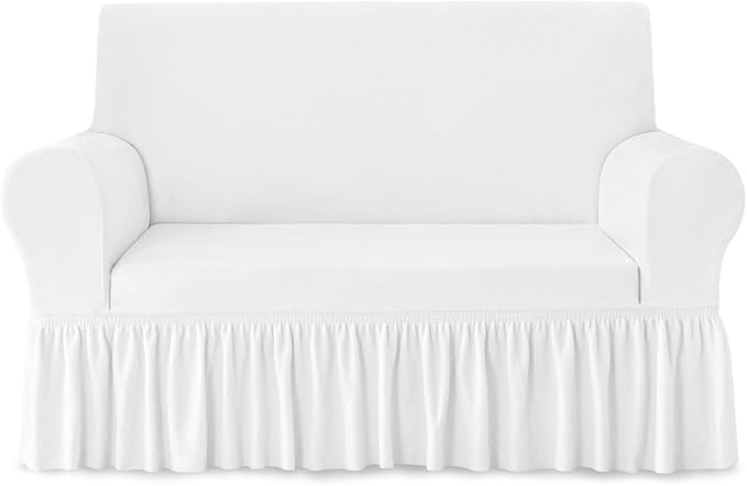 NICEEC Loveseat Cover Thick Plush 1-Piece Warm White Slipcover for Loveseats Stretch Fluffy Couch Covers for Living Room Easy Fit Washable Soft Furniture Sofa Protector with Skirt