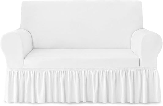 NICEEC Loveseat Cover Thick Plush 1-Piece Warm White Slipcover for Loveseats Stretch Fluffy Couch Covers for Living Room Easy Fit Washable Soft Furniture Sofa Protector with Skirt