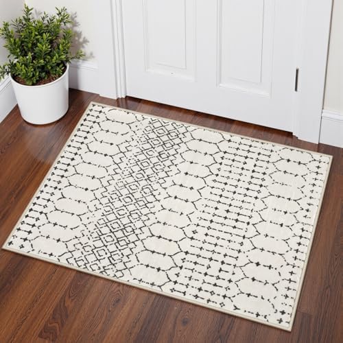 Lahome Moroccan Small Runner Rug - 2x5 Rug Runner Non-Slip Washable Rug Runner Throw Lightweight Hallway Rugs Indoor Laundry Room, Geometric Print Carpet Runners for Bedroom Kitchen (White, 2'x5')